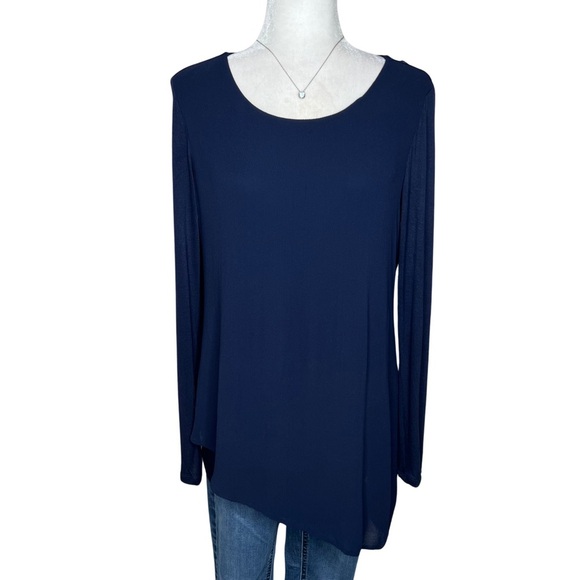 Chico’s Knit Woven Tunic Long Sleeve Asymmetrical Hem Navy Blue Small 570215863 - Picture 1 of 13